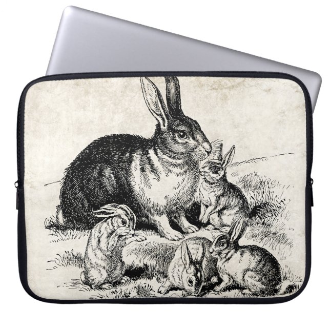 Vintage Rabbit Family Illustration, Baby Bunnies Laptop Sleeve (Front)