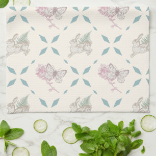 Vintage Rabbit, Fern, Butterfly and Flower Pattern Tea Towel