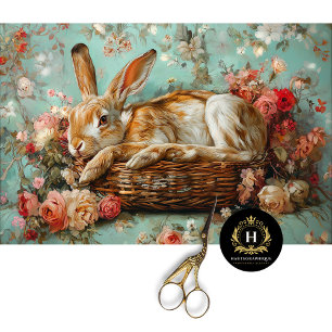 Vintage Rabbit & Floral Basket Decoupage Tissue Paper
