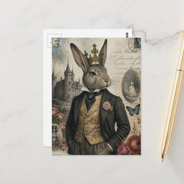 Vintage Rabbit in a Crown Postcard (Front/Back In Situ)