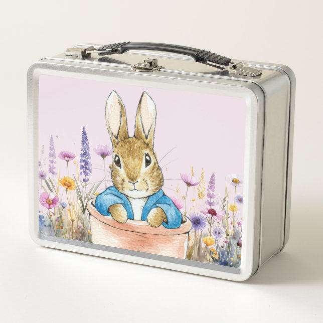 Vintage rabbit in Pot Plant Wildflowers  Metal Lunch Box (Front)