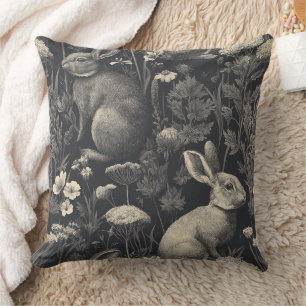 Vintage Rabbit Toile Black Botanical Pattern Cushion