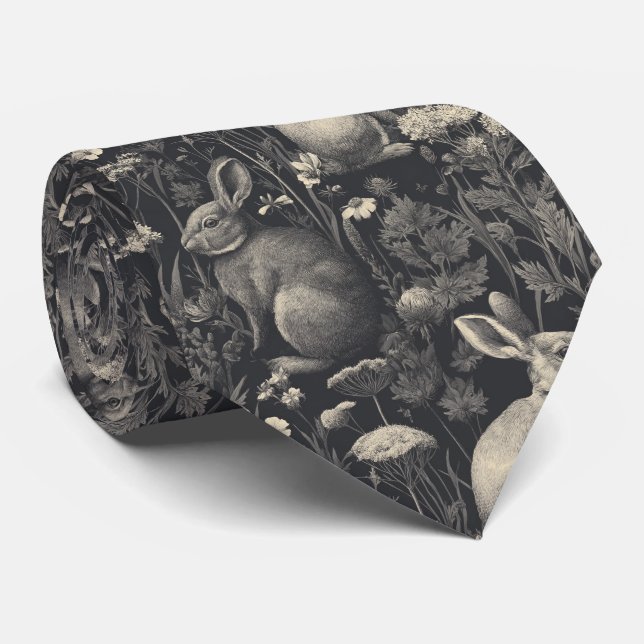 Vintage Rabbit Toile Black Botanical Pattern Tie (Rolled)