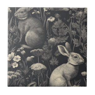 Vintage Rabbit Toile Black Botanical Pattern Tile