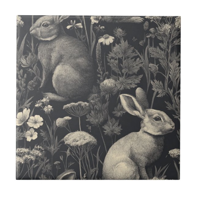 Vintage Rabbit Toile Black Botanical Pattern Tile (Front)