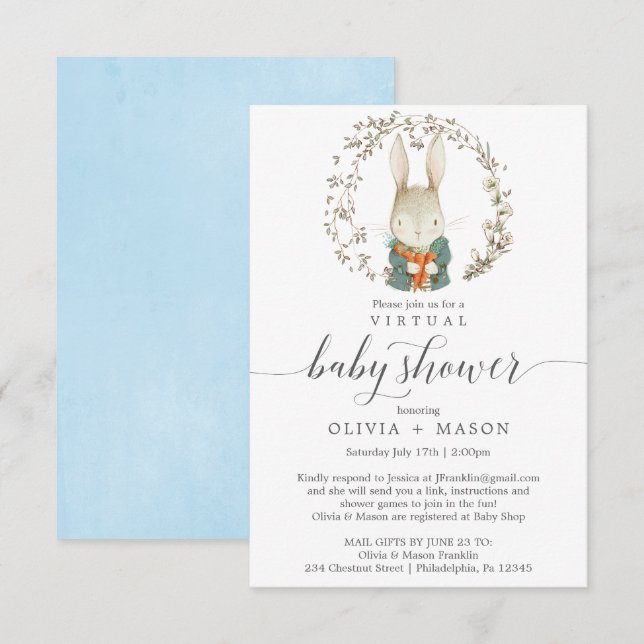 Vintage Rabbit Virtual Baby Shower Invitation Boy (Front/Back)