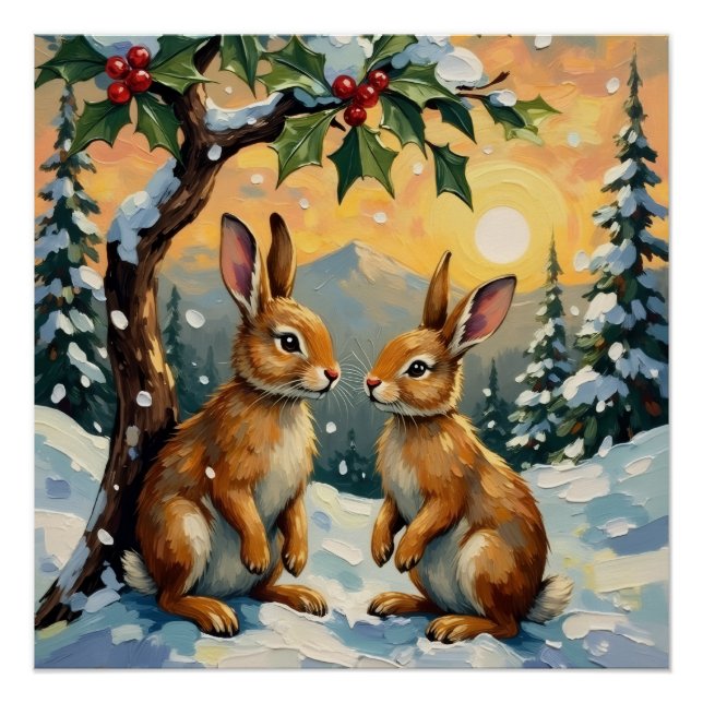 Vintage Rabbits Beneath the Holly Tree Christmas Poster (Front)