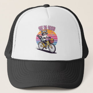 Vintage Raccoon Biking See Ya Soon Retro Sunset  Trucker Hat