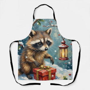 Vintage Raccoon Opening Christmas Gift Box Art Apron