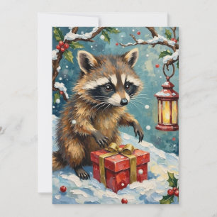 Vintage Raccoon Opening Christmas Gift Box Art Holiday Card