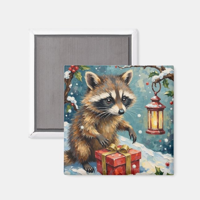Vintage Raccoon Opening Christmas Gift Box Art Magnet (Front/Back)