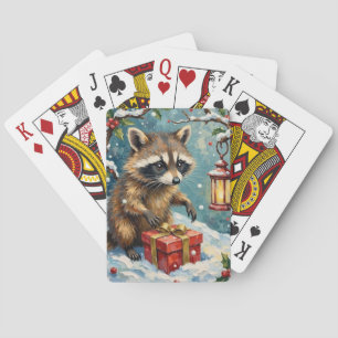 Vintage Raccoon Opening Christmas Gift Box Art Playing Cards