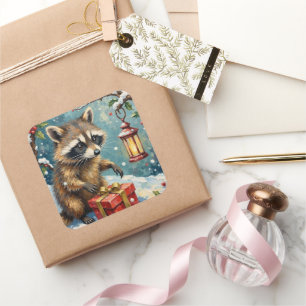 Vintage Raccoon Opening Christmas Gift Box Art Square Sticker