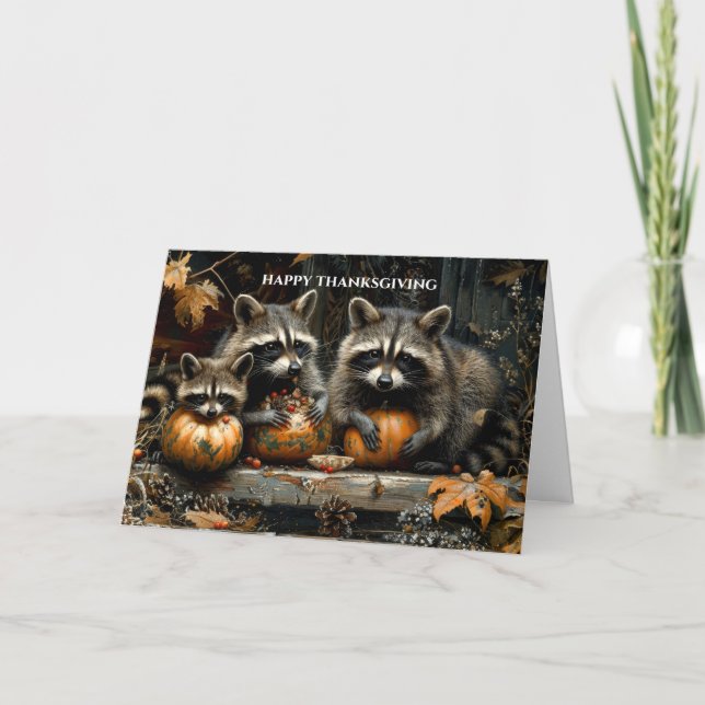 Vintage Raccoons and Pumpkins Autumn Thanksgiving Holiday Card (Front)