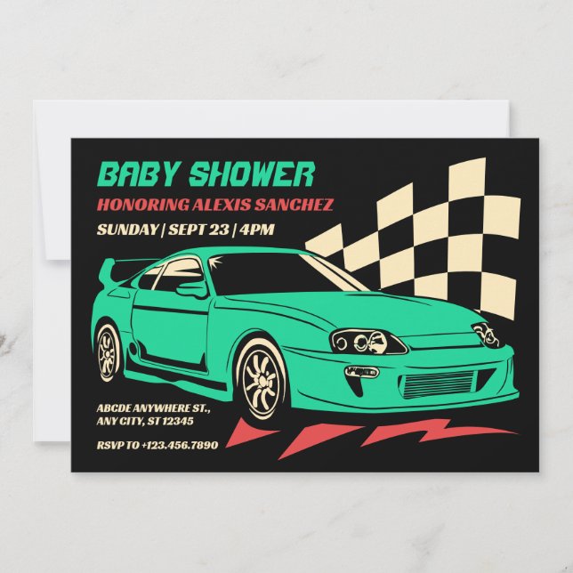 Vintage race car baby shower invitation (Front)