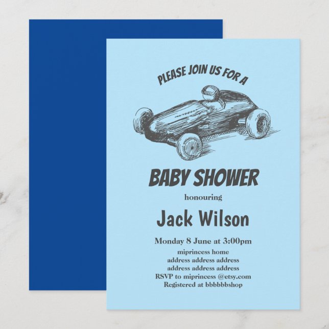vintage, race car baby shower invitation (Front/Back)