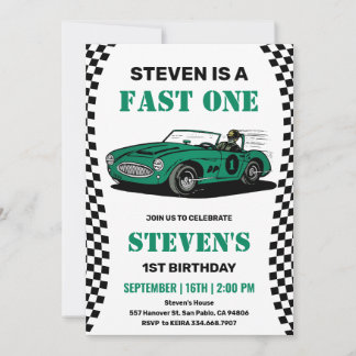 Vintage Race Car Fast One 1st Birthday Invitation