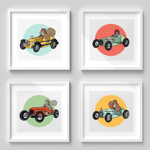 Vintage Race Car Squirrels   Cute Kids Room Art
