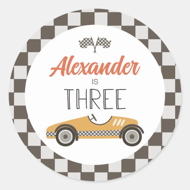 Vintage Race Car Three Birthday Classic Round Sticker (Front)