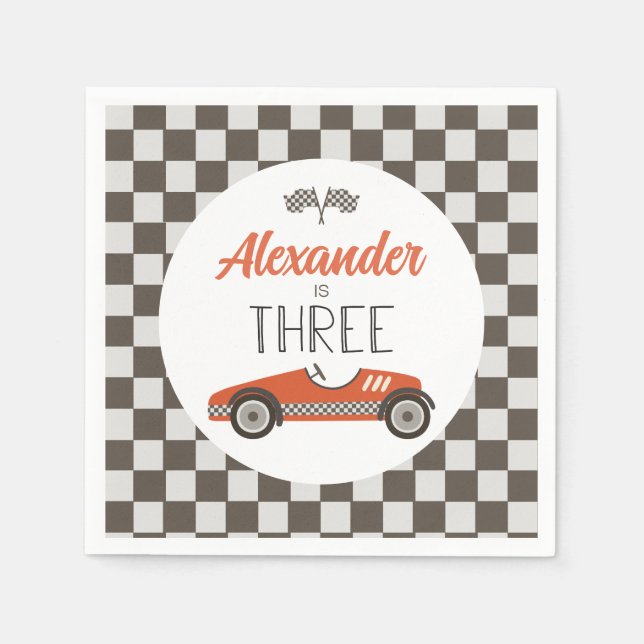 Vintage Race Car Three Birthday Napkin (Front)