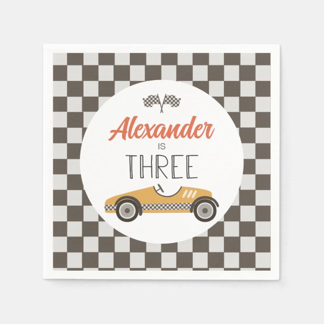Vintage Race Car Three Birthday Napkin (Front)