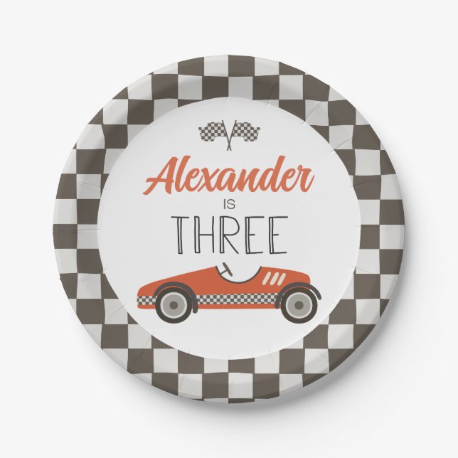 Vintage Race Car Three Birthday Paper Plates (Front)