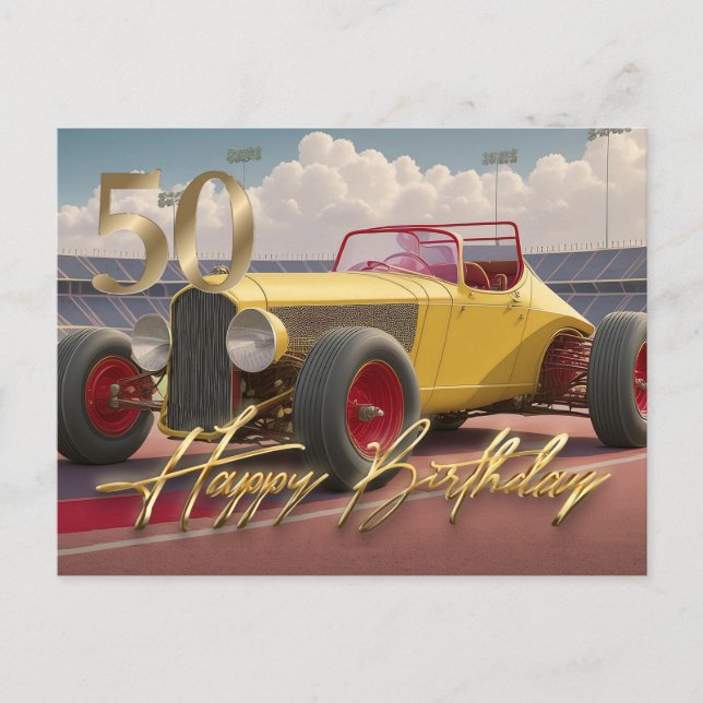 Vintage Racing car Happy 50th Postcard (Front)
