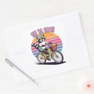 Vintage Racoon Biking See Ya Soon Retro Sunset Square Sticker