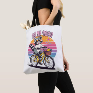 Vintage Racoon Biking See Ya Soon Retro Sunset Tote Bag