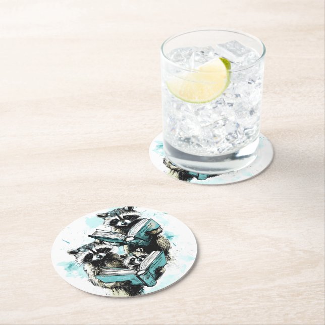 Vintage Racoon Readers Club Round Paper Coaster (Insitu)