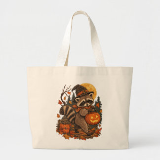 Vintage Racoon Witch Halloween Pumpkin Fall Autum Large Tote Bag