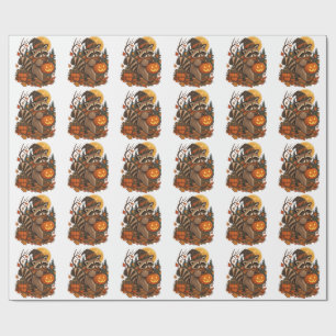 Vintage Racoon Witch Halloween Pumpkin Fall Autum Wrapping Paper