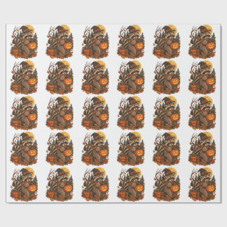 Vintage Racoon Witch Halloween Pumpkin Fall Autum Wrapping Paper