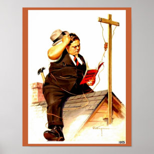 Vintage Radio 1920's Funny Man on Roof w/ Antenna Poster