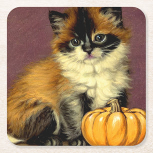 Vintage Ragdoll Halloween Cat Square Paper Coaster