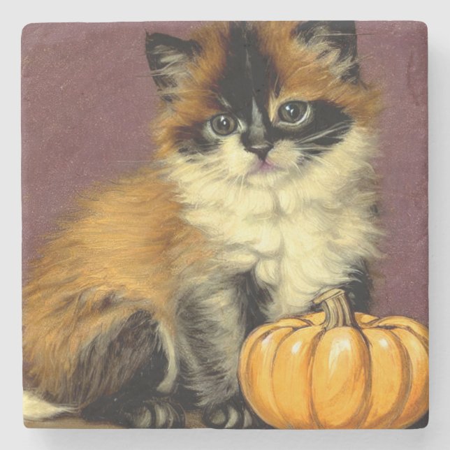 Vintage Ragdoll Halloween Cat Stone Coaster (Front)