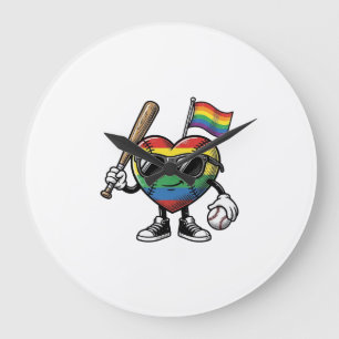 Vintage Rainbow Heart Baseball Pride Shirt Design_ Large Clock
