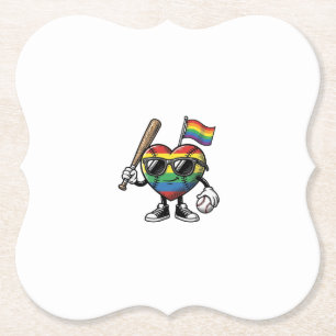 Vintage Rainbow Heart Baseball Pride Shirt Design_ Paper Coaster