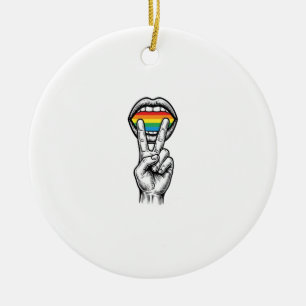 Vintage Rainbow Peace Hand Pride Vector Shirt_1 Ceramic Tree Decoration