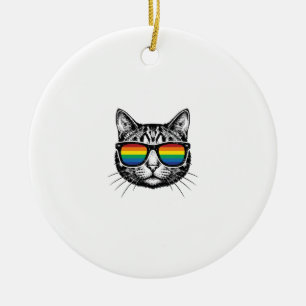 Vintage Rainbow Sunglasses Cat Pride Shirt Design_ Ceramic Tree Decoration