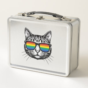 Vintage Rainbow Sunglasses Cat Pride Shirt Design_ Metal Lunch Box