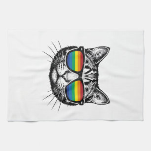 Vintage Rainbow Sunglasses Cat Pride Shirt Design_ Tea Towel