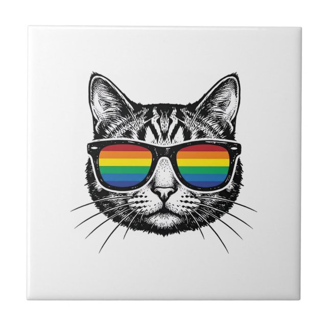 Vintage Rainbow Sunglasses Cat Pride Shirt Design_ Tile (Front)