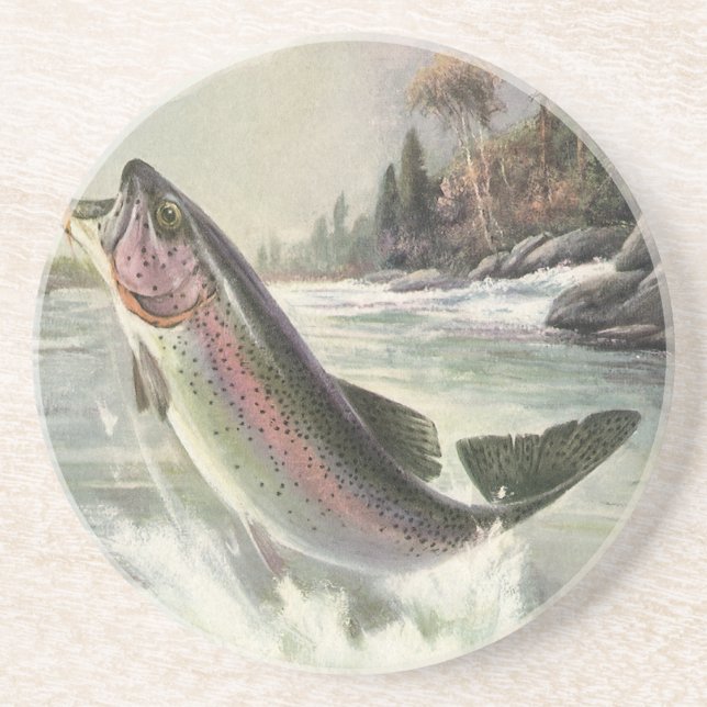 Vintage Rainbow Trout Fish, Fisherman Fishing Coaster (Front)