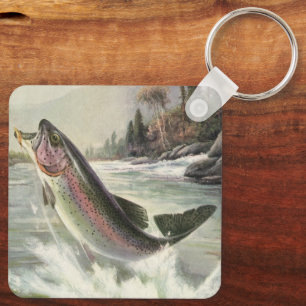 Vintage Rainbow Trout Fish, Fisherman Fishing Key Ring