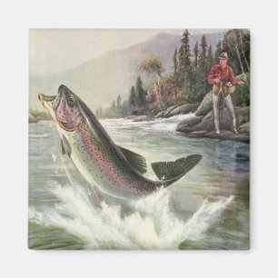 Vintage Rainbow Trout Fish, Fisherman Fishing Magnet