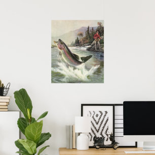 Vintage Rainbow Trout Fish, Fisherman Fishing Poster