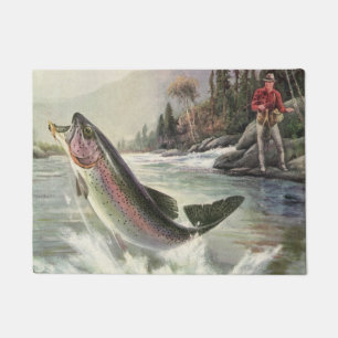 Vintage Rainbow Trout Fisherman Fishing for Fish Doormat