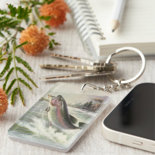 Vintage Rainbow Trout Fisherman Fishing for Fish Key Ring
