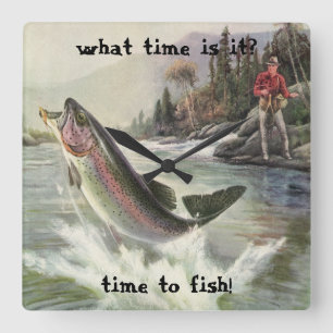 Vintage Rainbow Trout Fisherman Fishing for Fish Square Wall Clock